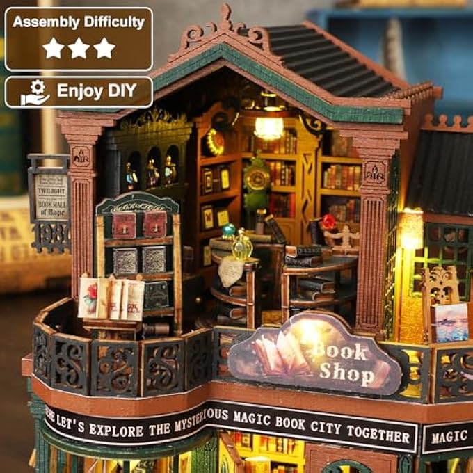 DIY BOOK NOOK KIT, 3D WOODEN PUZZLE BOOK NOOK LIBRARY WITH LED LIGHT, DIY DOLLHOUSES MINIATURE HOUSE MODEL KIT FOR BOOK CORNER CHRISTMAS BIRTHDAY GIFTS - Image 3